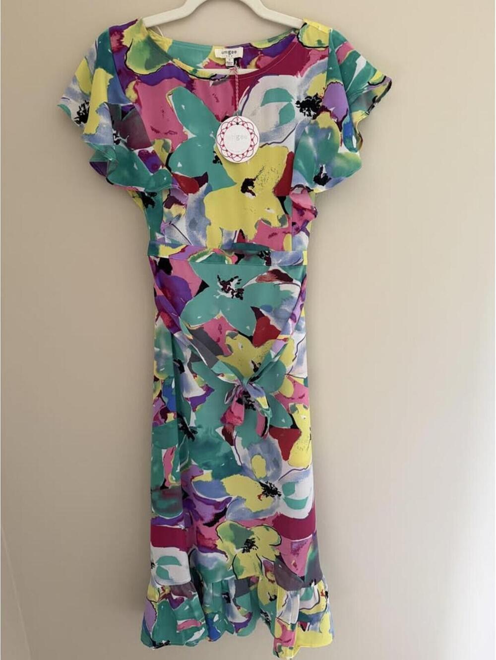 Umgee S backless abstract midi dress w/ belt, ruffles